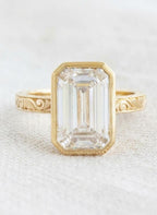4 Carat Emerald Cut Lab Grown Diamond Engagement Ring | 14K Gold Bezel | IGI Certified | Vintage Ring