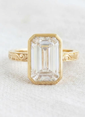 Emerald Cut Lab Diamond Bezel Ring, 14K Gold