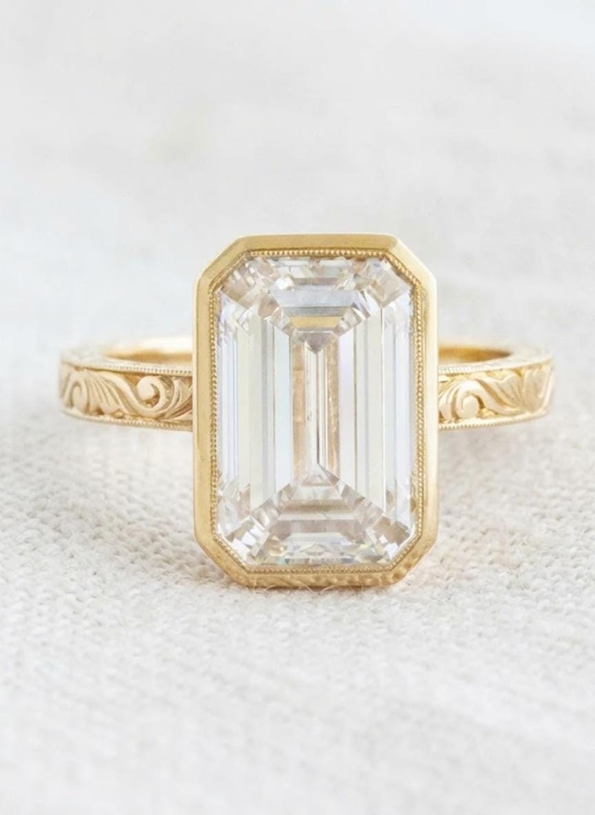 Emerald Cut Lab Diamond Bezel Ring, 14K Gold