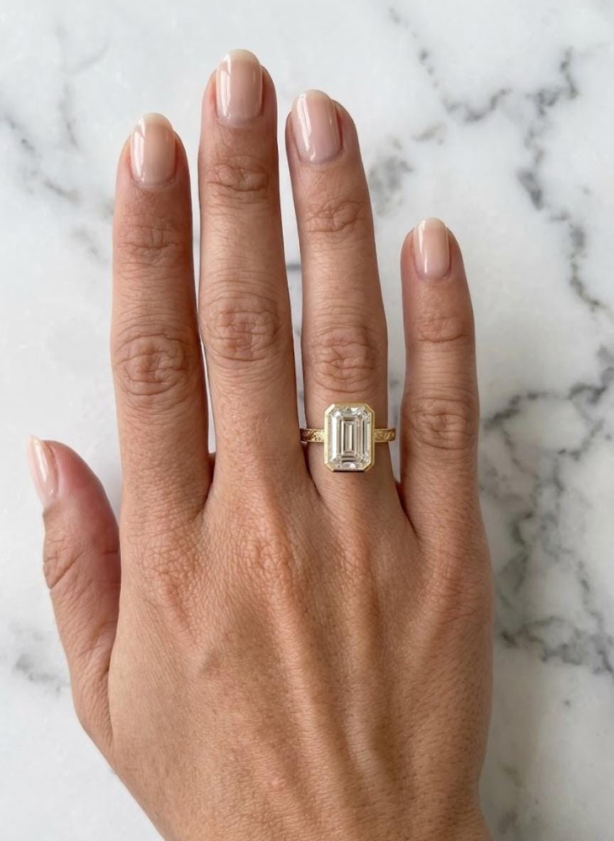 Emerald Cut Lab Diamond Bezel Ring, 14K Gold
