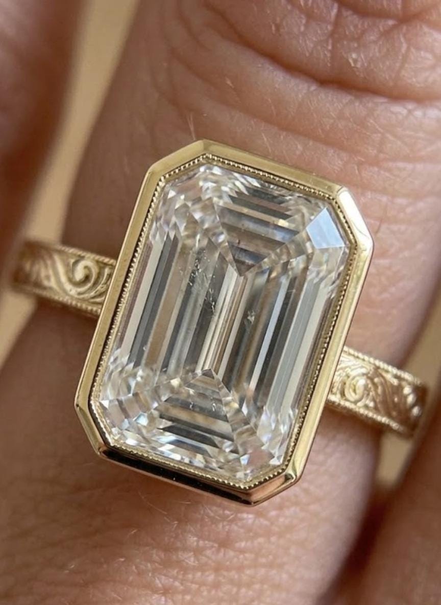 Emerald Cut Lab Diamond Bezel Ring, 14K Gold