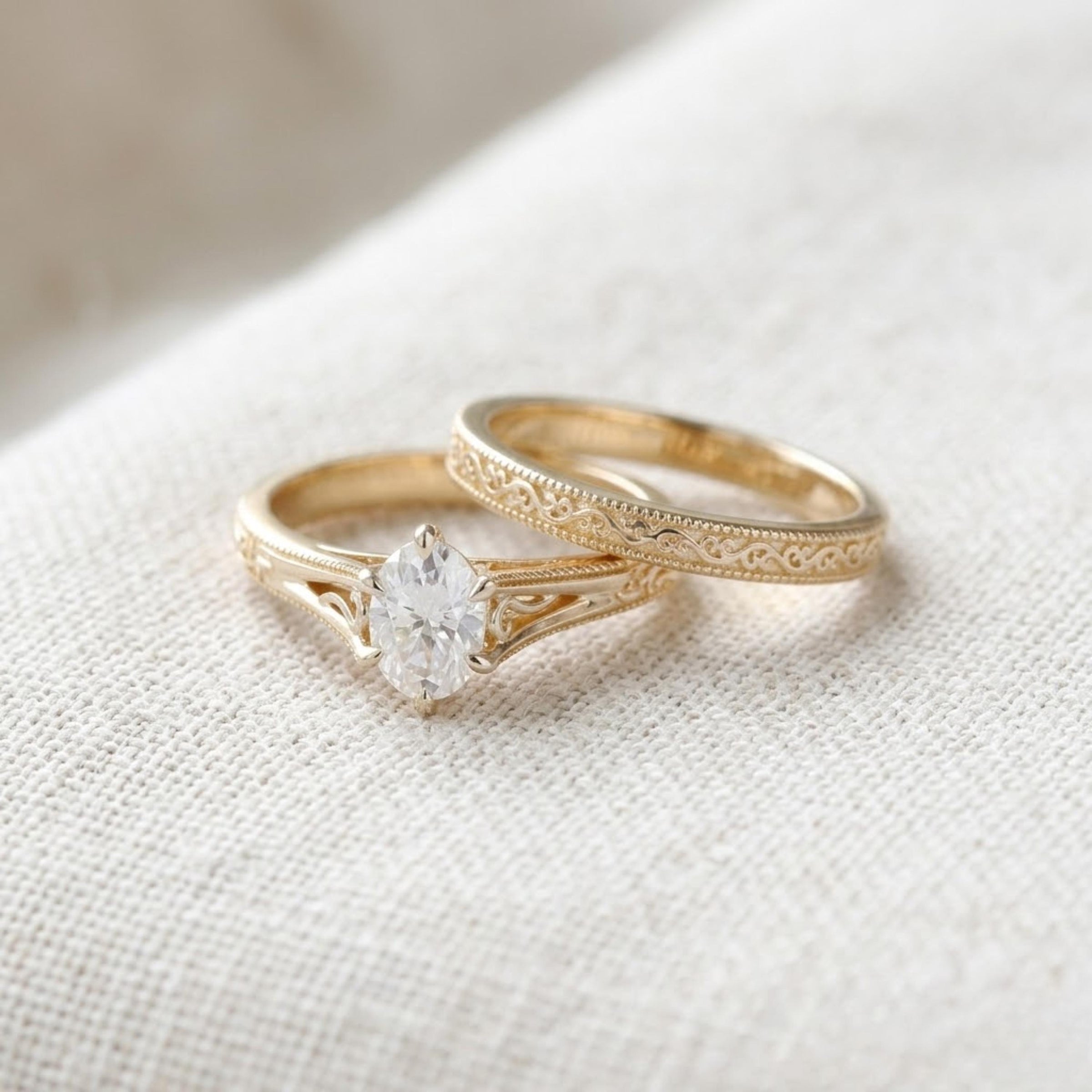 Filigree Diamond Engagement Ring Set, Yellow Gold