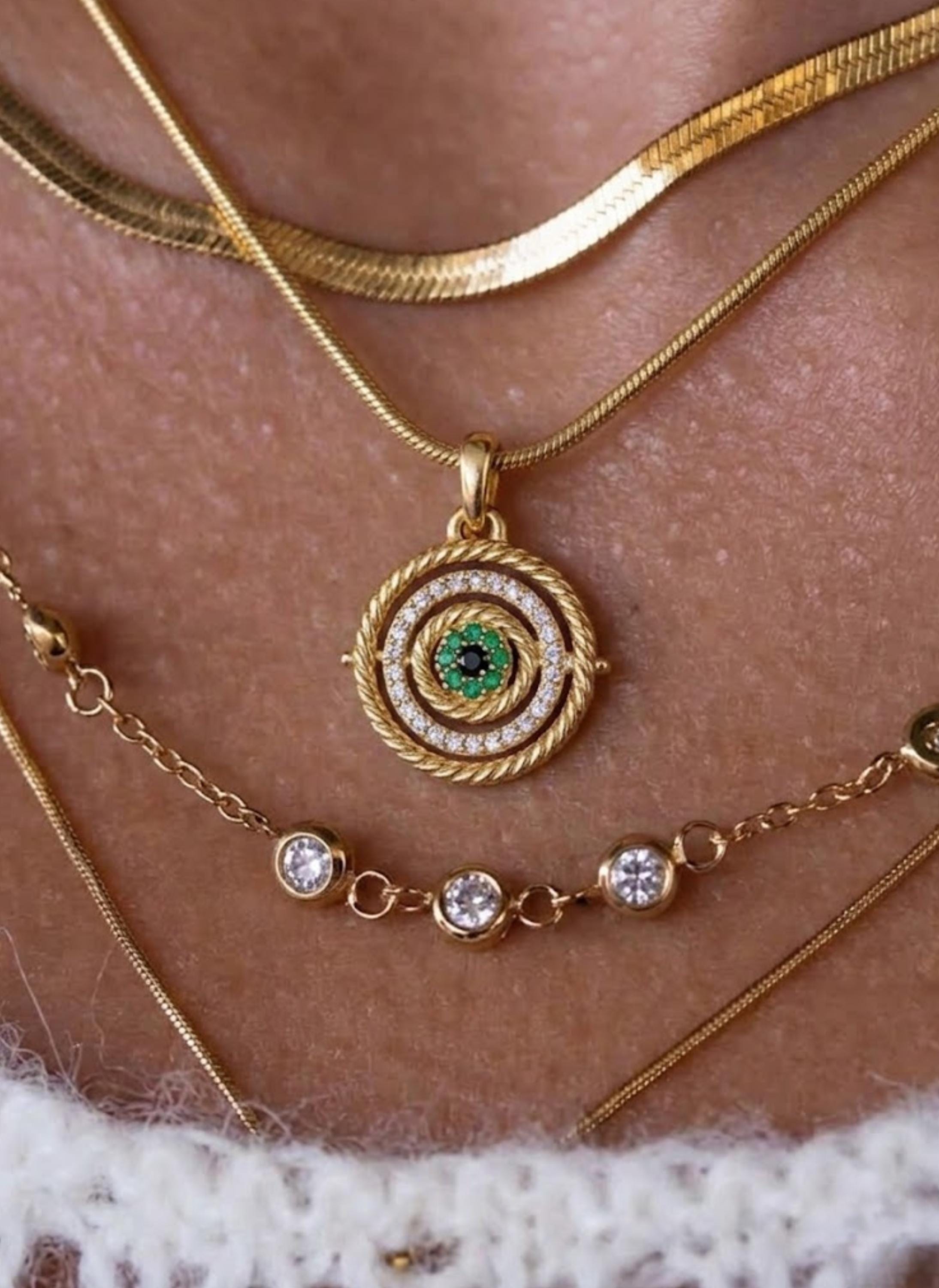 Gold Dainty Evil Eye Necklace, Emerald Sun Pave Protector Necklace