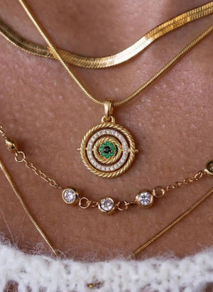 Gold Dainty Evil Eye Necklace, Emerald Sun Pave Protector Necklace