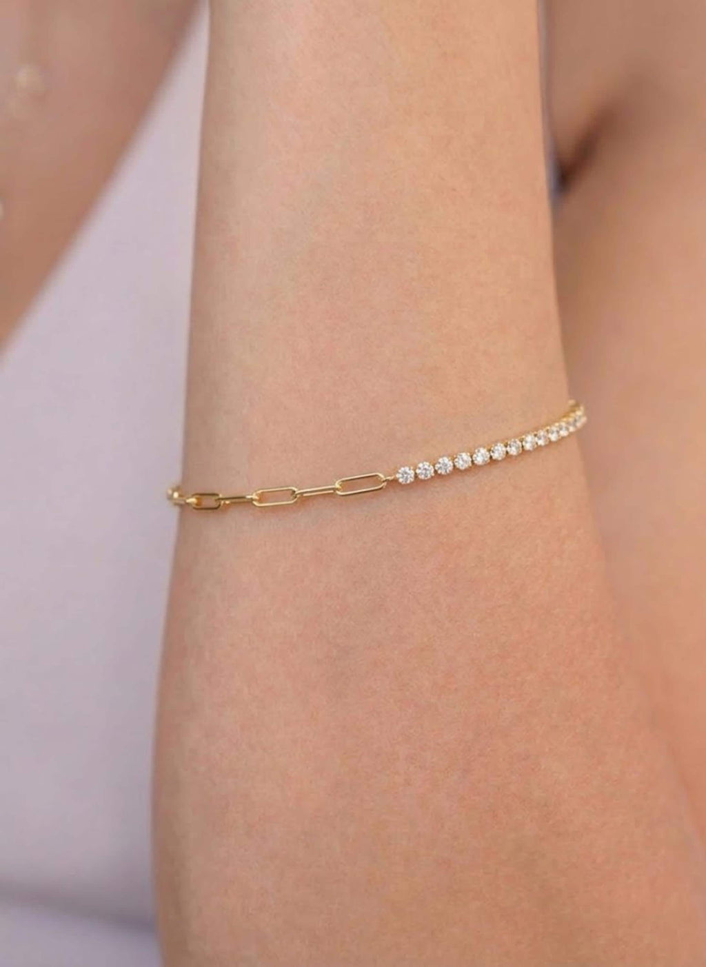 Half Tennis Half Paperclip Bracelet, Tennis Bracelet,Diamond Tennis Bracelet, Paperclip Bracelet, Link Bracelet, Gift for Her, Bracelet