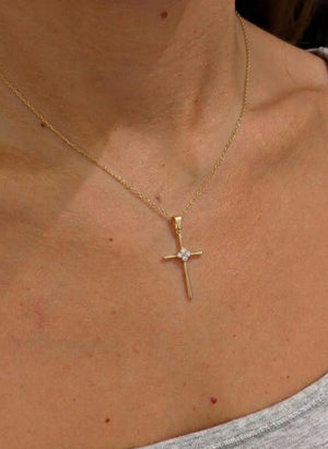 14K Solid Gold Diamond Cross Necklace | Religious Baptism Gift