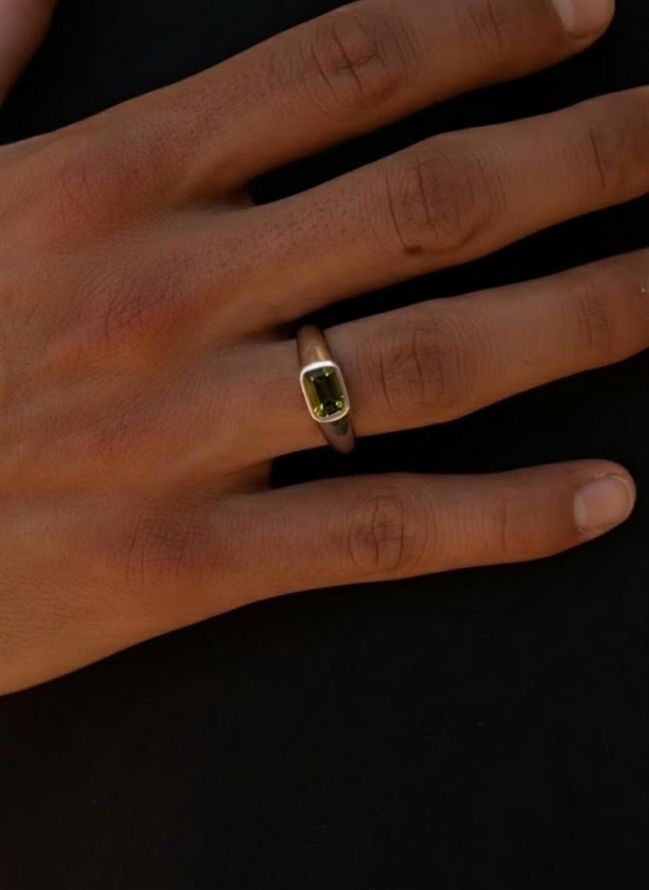 Men's Peridot Wedding Band, Moon Star Engraved