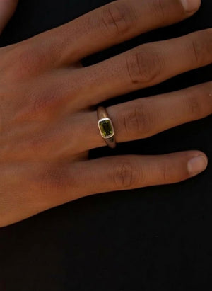 Men's Peridot Wedding Band, Moon Star Engraved