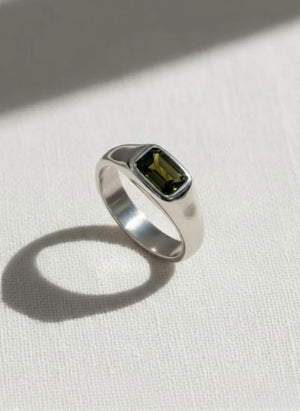 Mens Peridot Wedding Band, Diamond Moon Star Engraved Ring