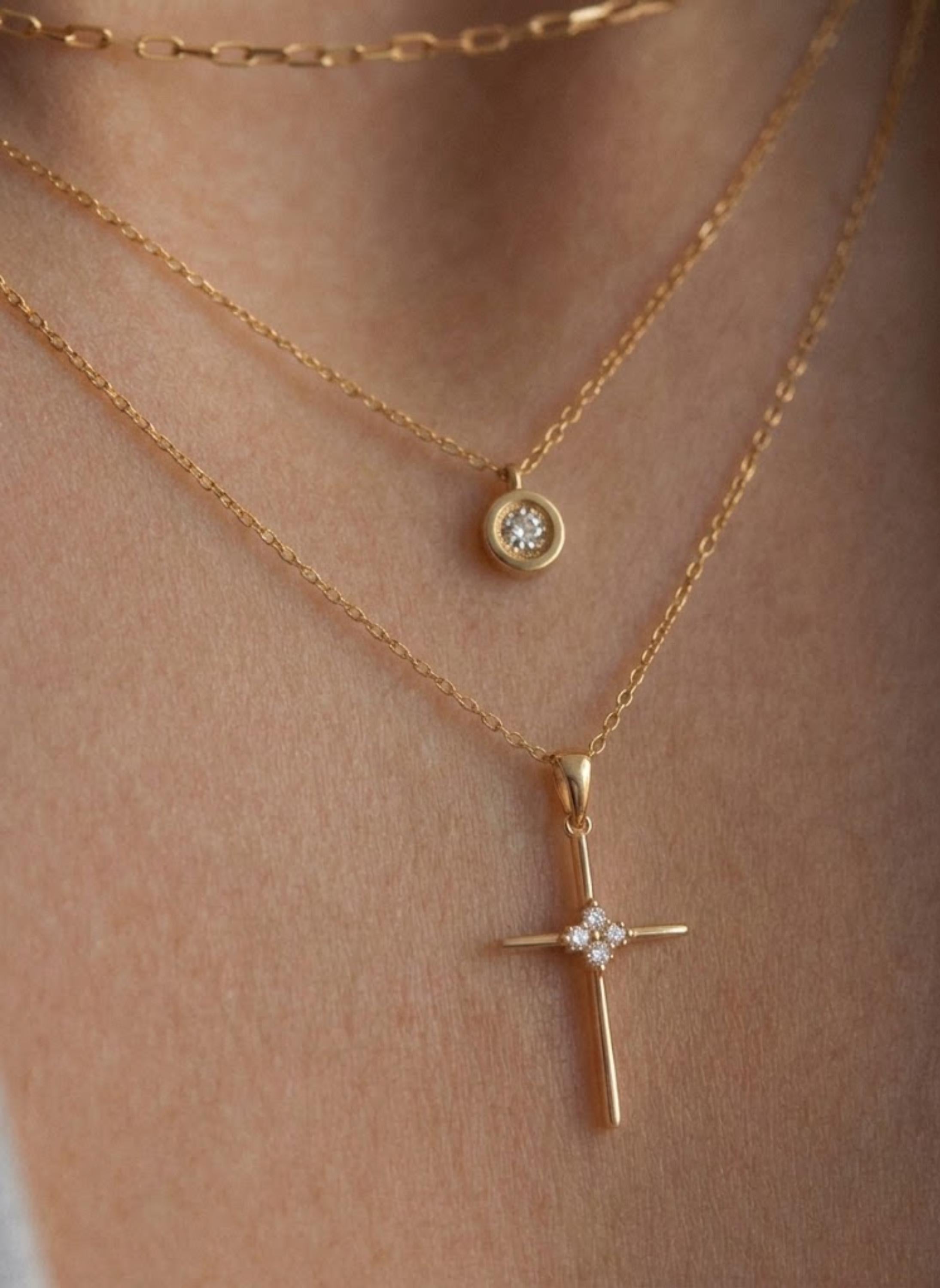 14K Solid Gold Diamond Cross Necklace | Religious Baptism Gift