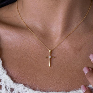 14K Solid Gold Diamond Cross Necklace | Religious Baptism Gift