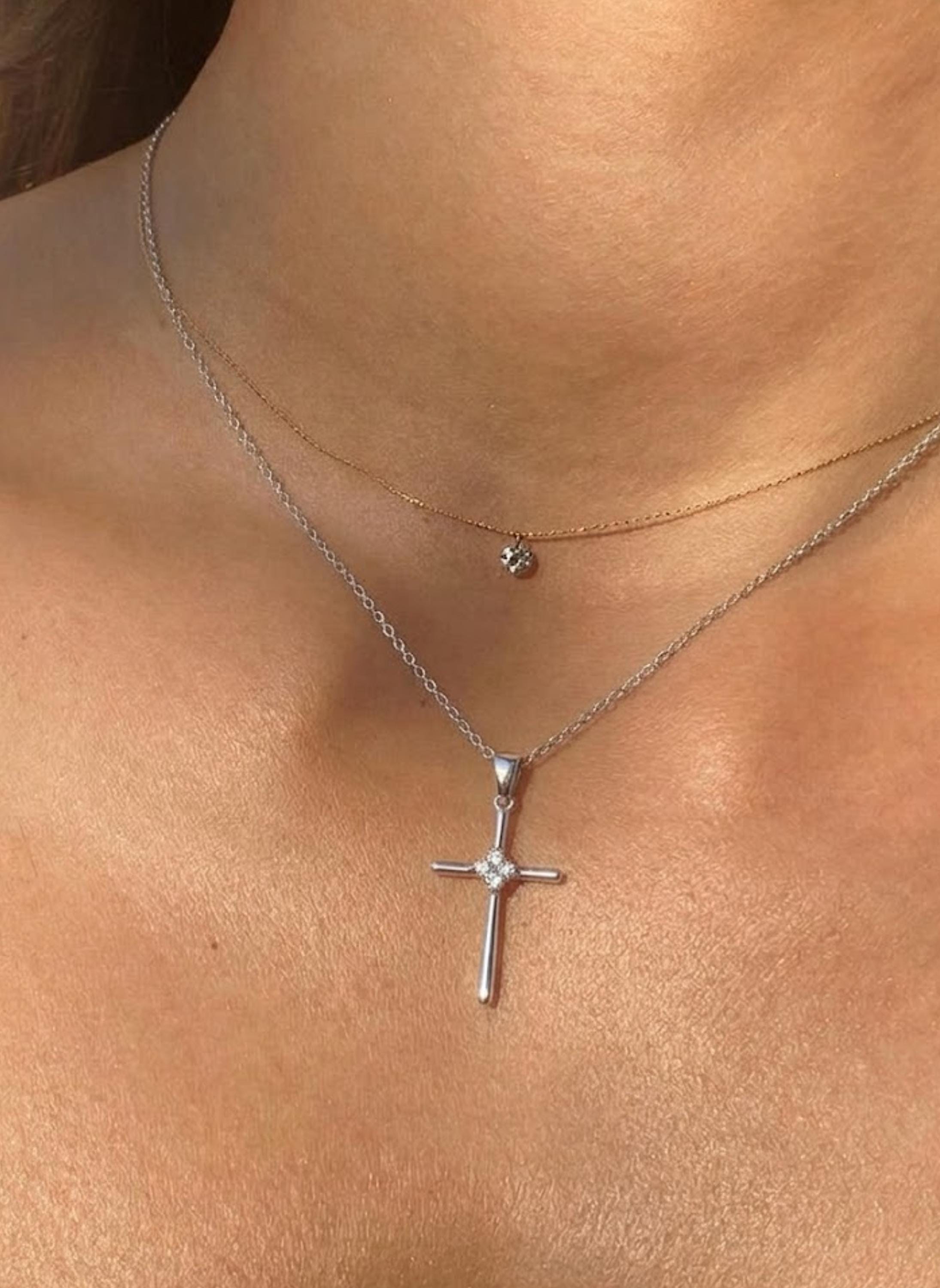 Silver Diamond Cross Pendant Necklace, Religious Jewelry