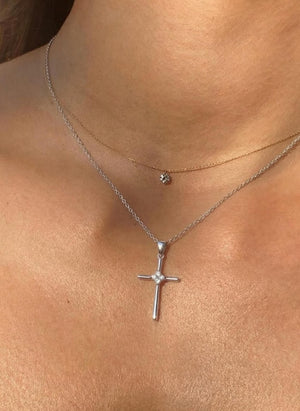Silver Diamond Cross Pendant Necklace, Religious Jewelry
