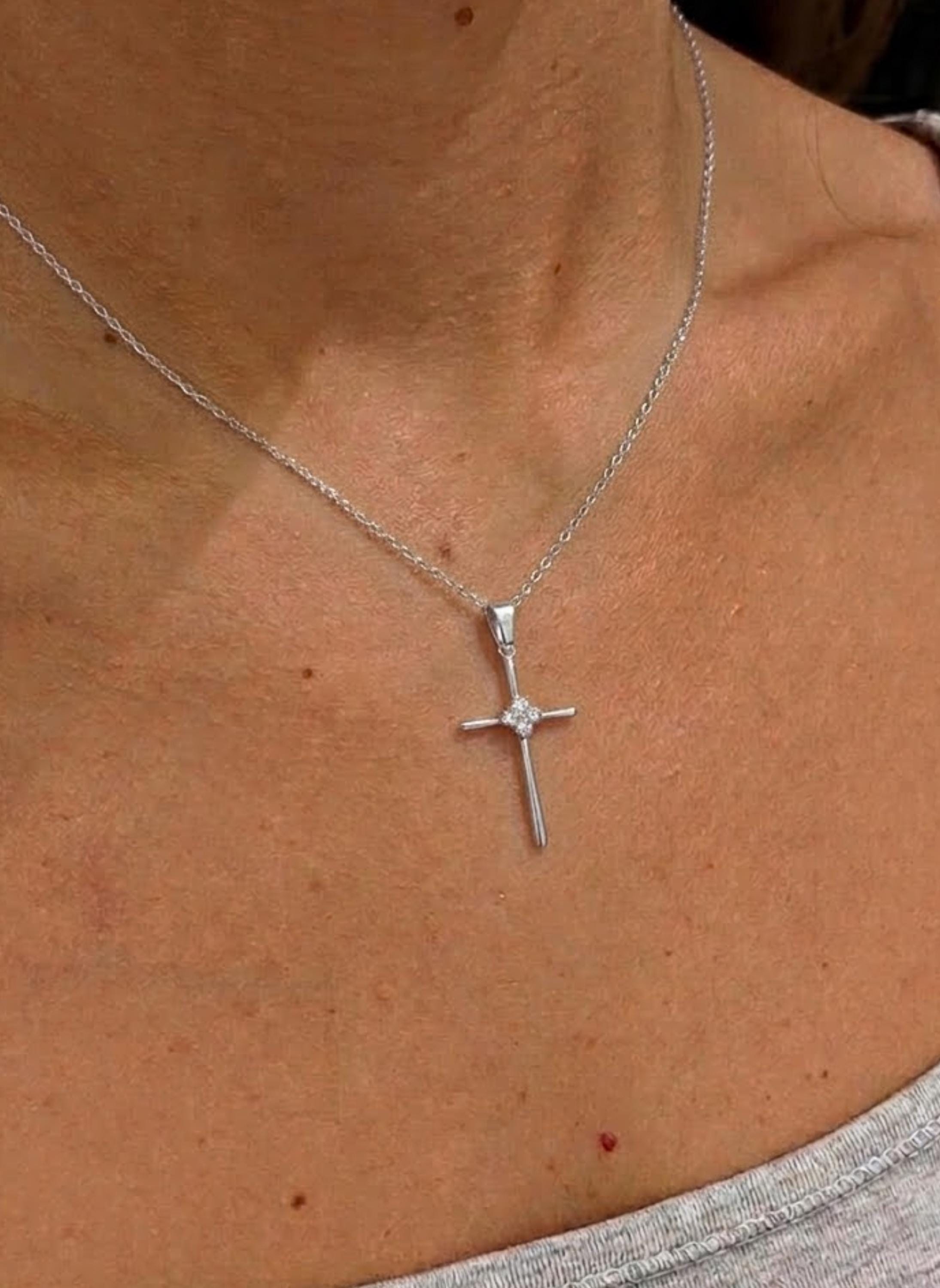 Silver Diamond Cross Pendant Necklace, Religious Jewelry