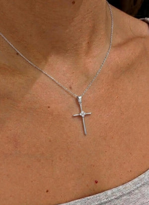 Silver Diamond Cross Pendant Necklace, Religious Jewelry