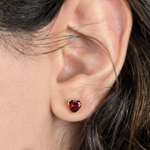 Red Garnet Heart Stud Earrings with Diamond, Sterling Silver