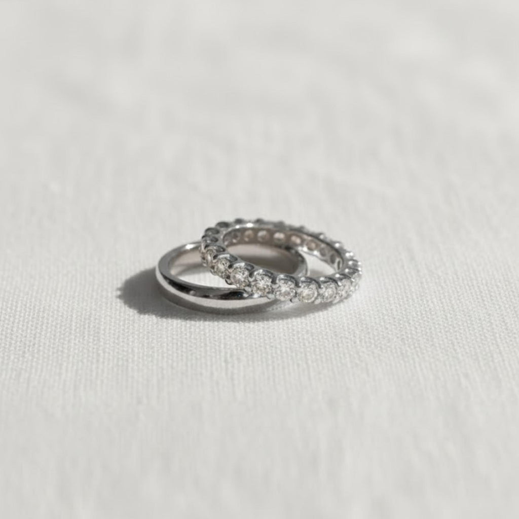 Silver Simple Minimalist Wedding Ring Set Lab Grown Diamond Band Set For Bridal Eternity Band Ring Set Small Band Set For Anniversary Gift