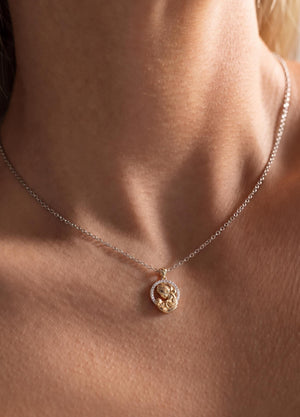 14K Gold Round Diamond Necklace With Chain for Mom