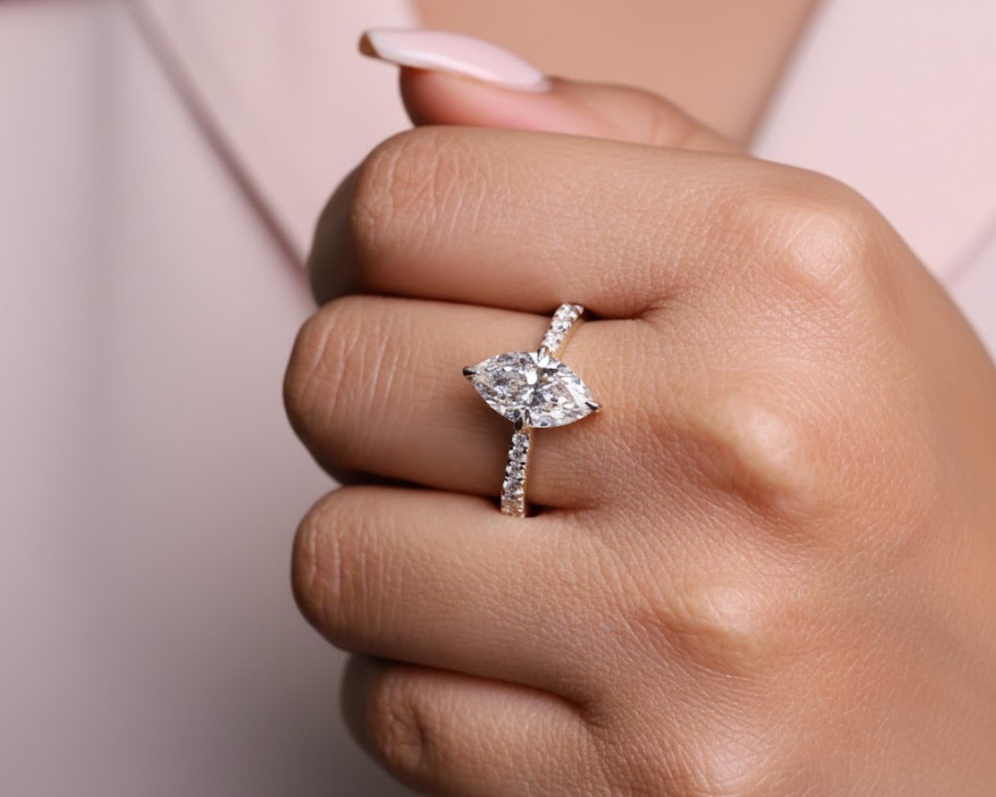 Marquise Lab Diamond Ring Silver Pave Engagement Ring
