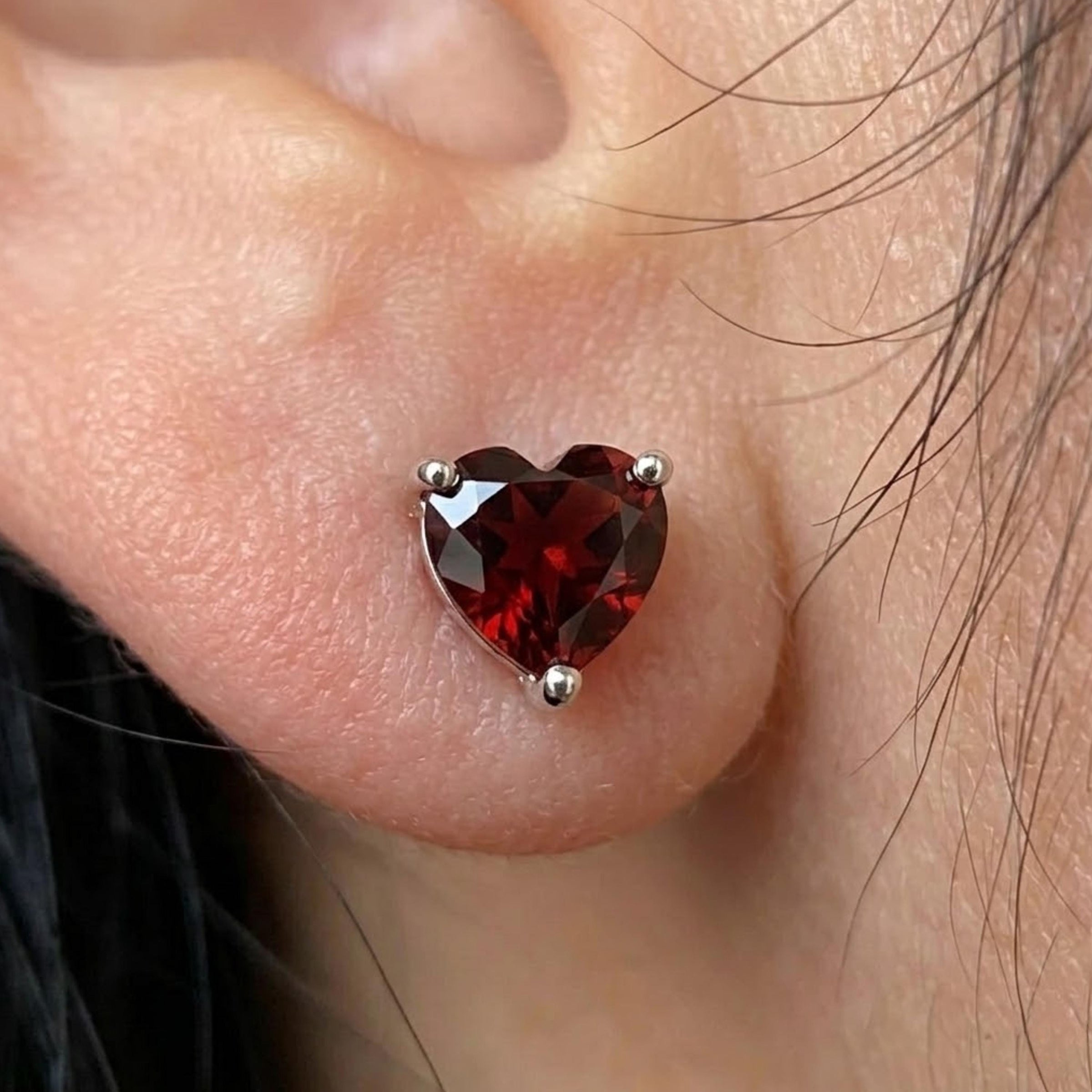 Red Garnet Heart Stud Earrings with Diamond, Sterling Silver
