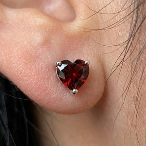 Red Garnet Heart Stud Earrings with Diamond, Sterling Silver