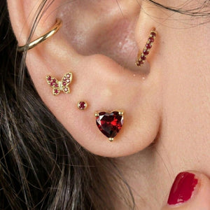 Red Garnet Heart Stud Earrings with Diamond, Sterling Silver