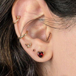 Red Garnet Heart Stud Earrings with Diamond, Sterling Silver
