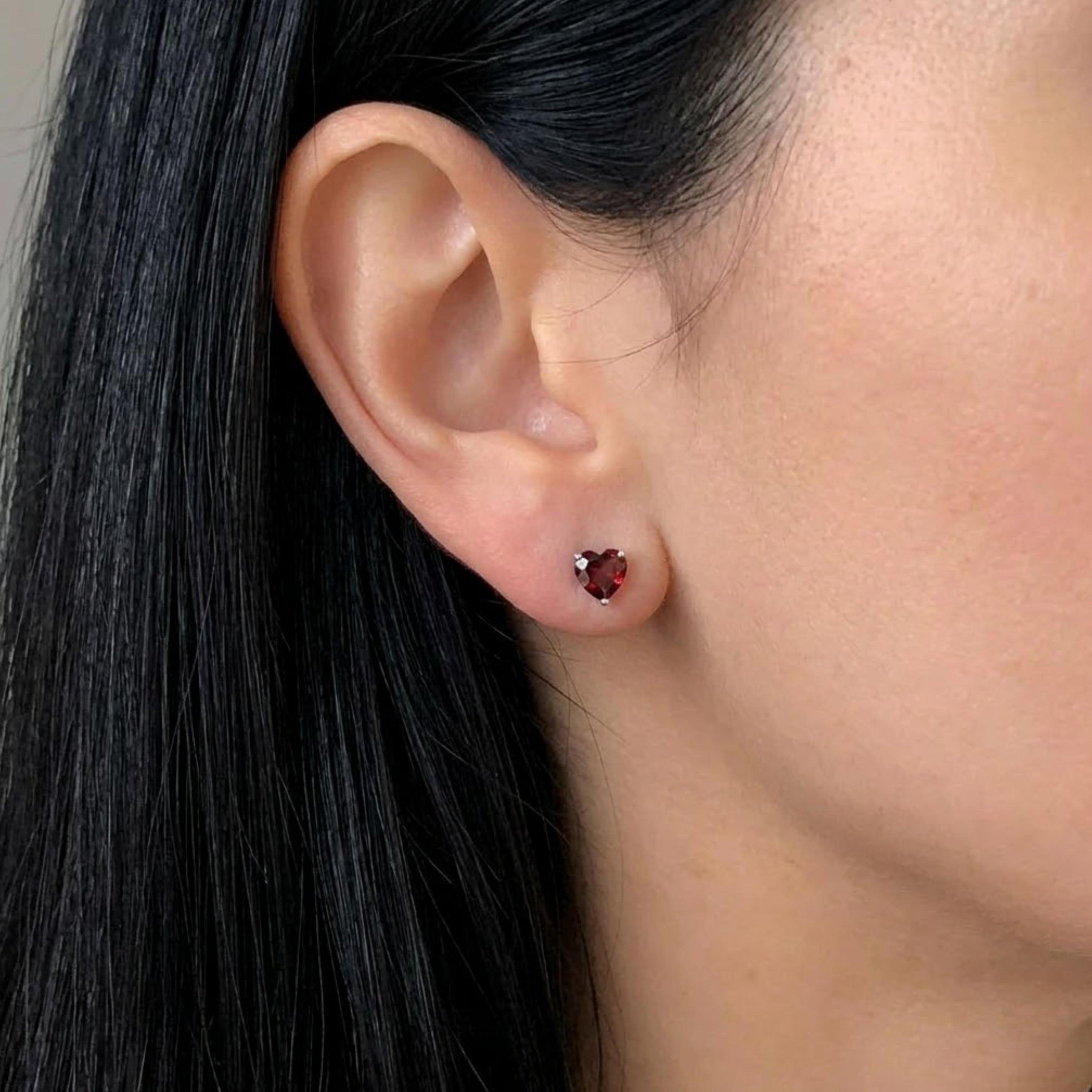 Red Garnet Heart Stud Earrings with Diamond, Sterling Silver