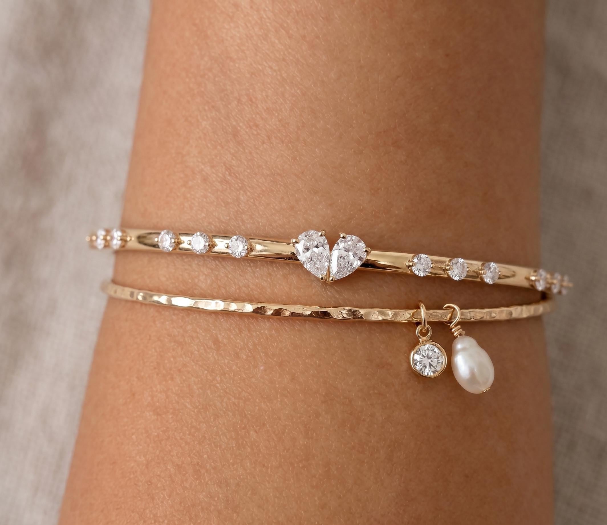 14K Gold Pear & Round Diamond Bangle Bracelet