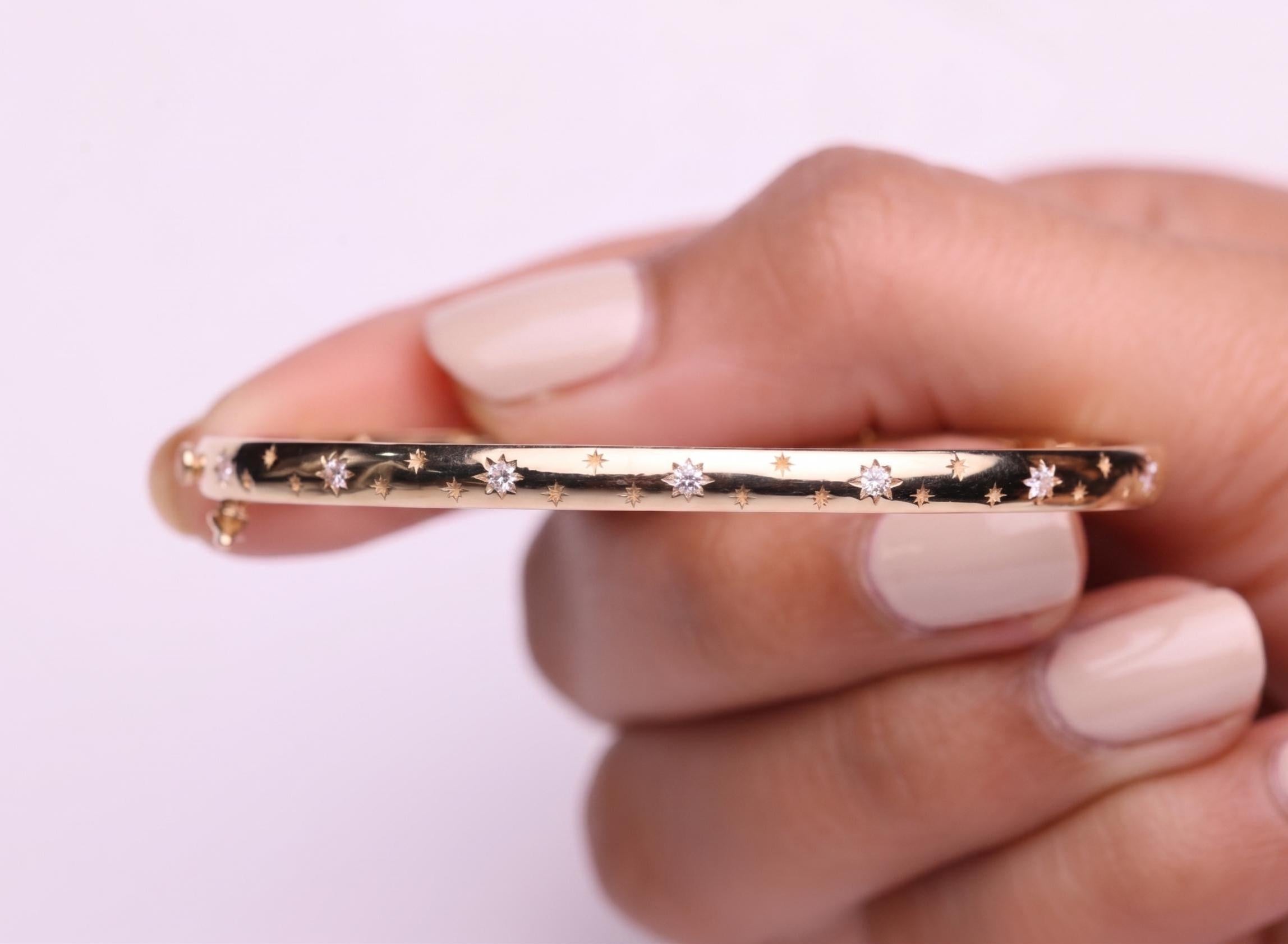 14K Gold Starburst Diamond Bangle, Stacking Bracelet