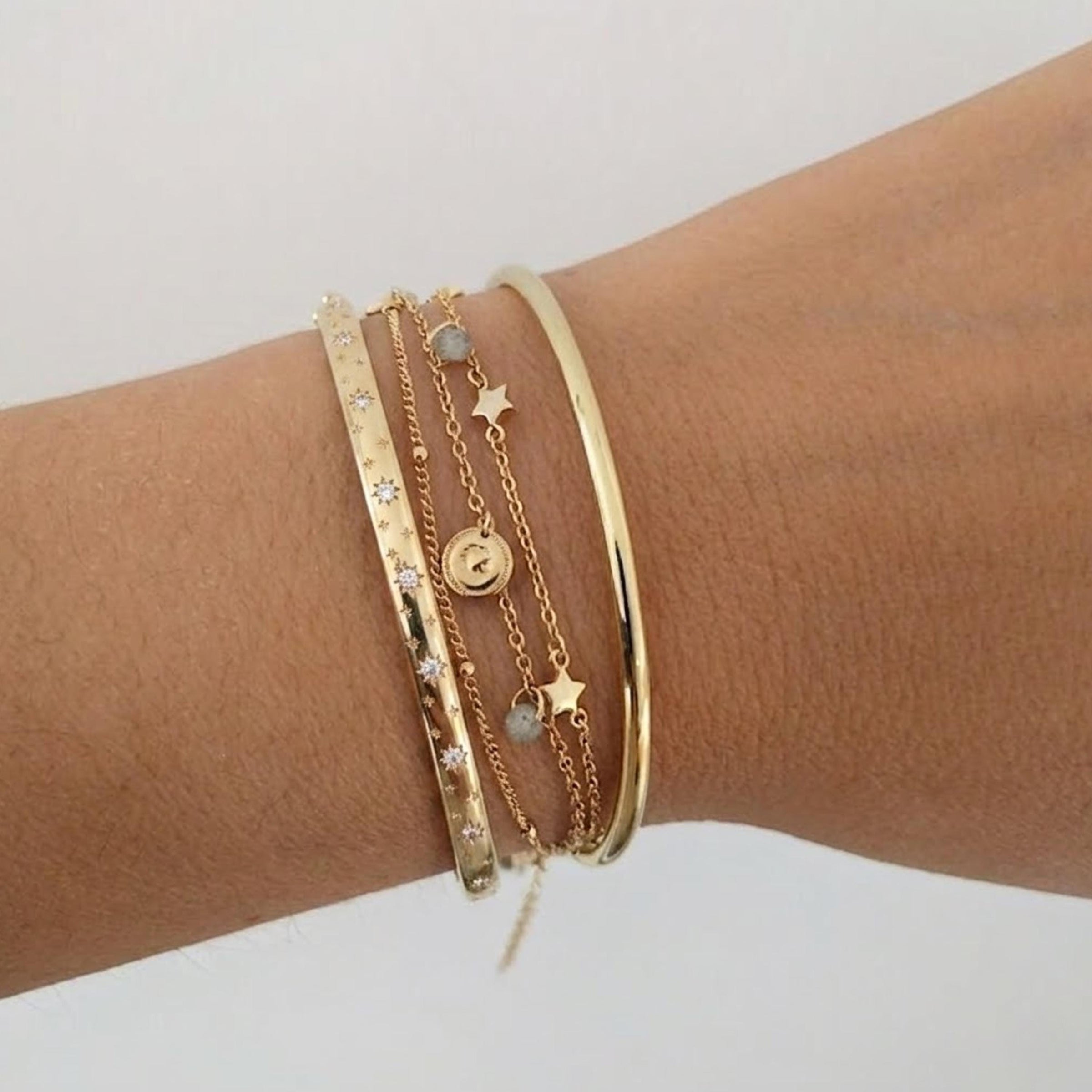 14K Gold Starburst Diamond Bangle, Stacking Bracelet