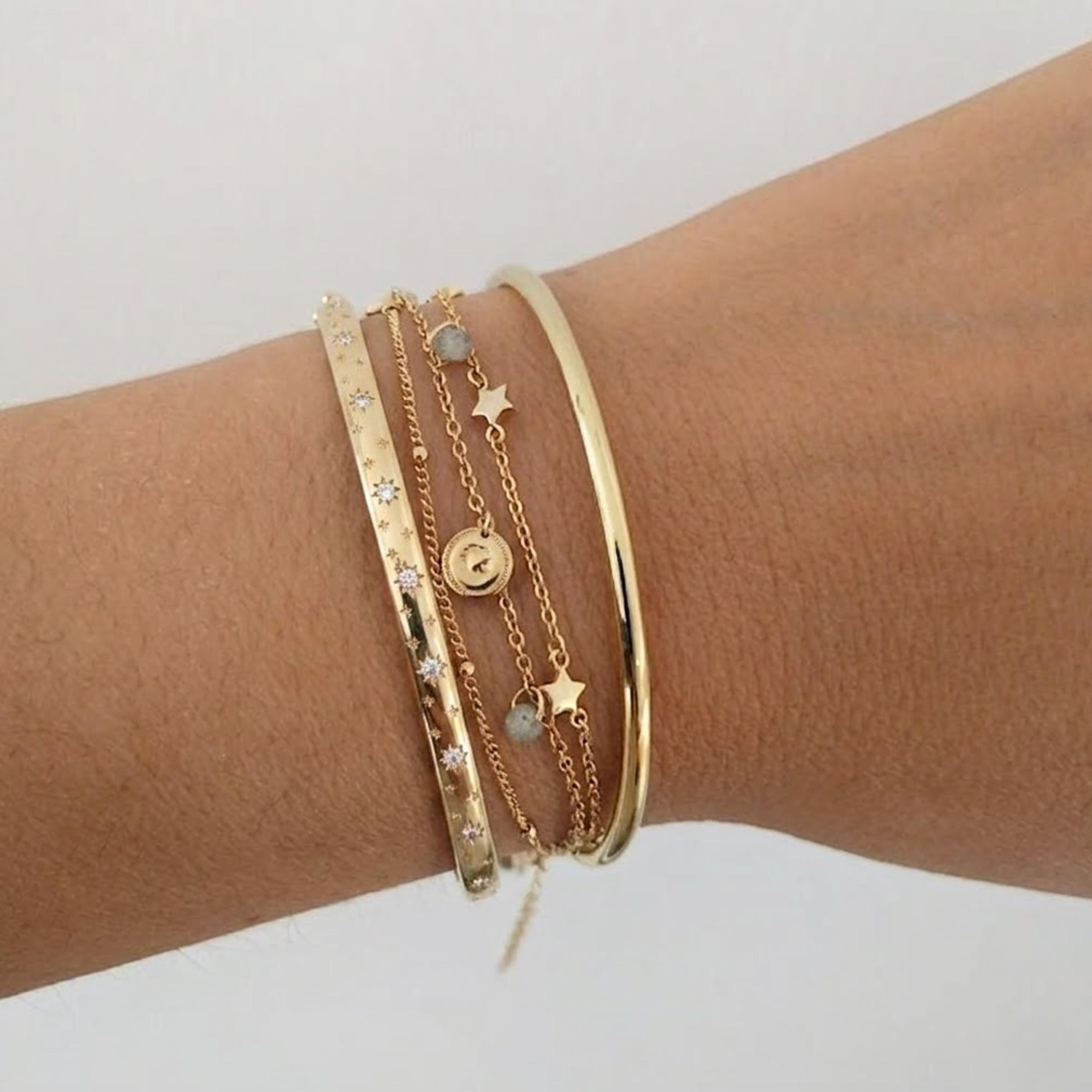 Starburst Bangle, Layering Diamond 14K Gold Starburst Bracelet, Real Gold Dome Bracelet Bangle, Stacking Bracelet, Gift for Mom