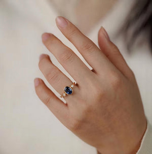 2 Ct Blue Oval Lab Diamond Three Stone Bezel Engagement Ring