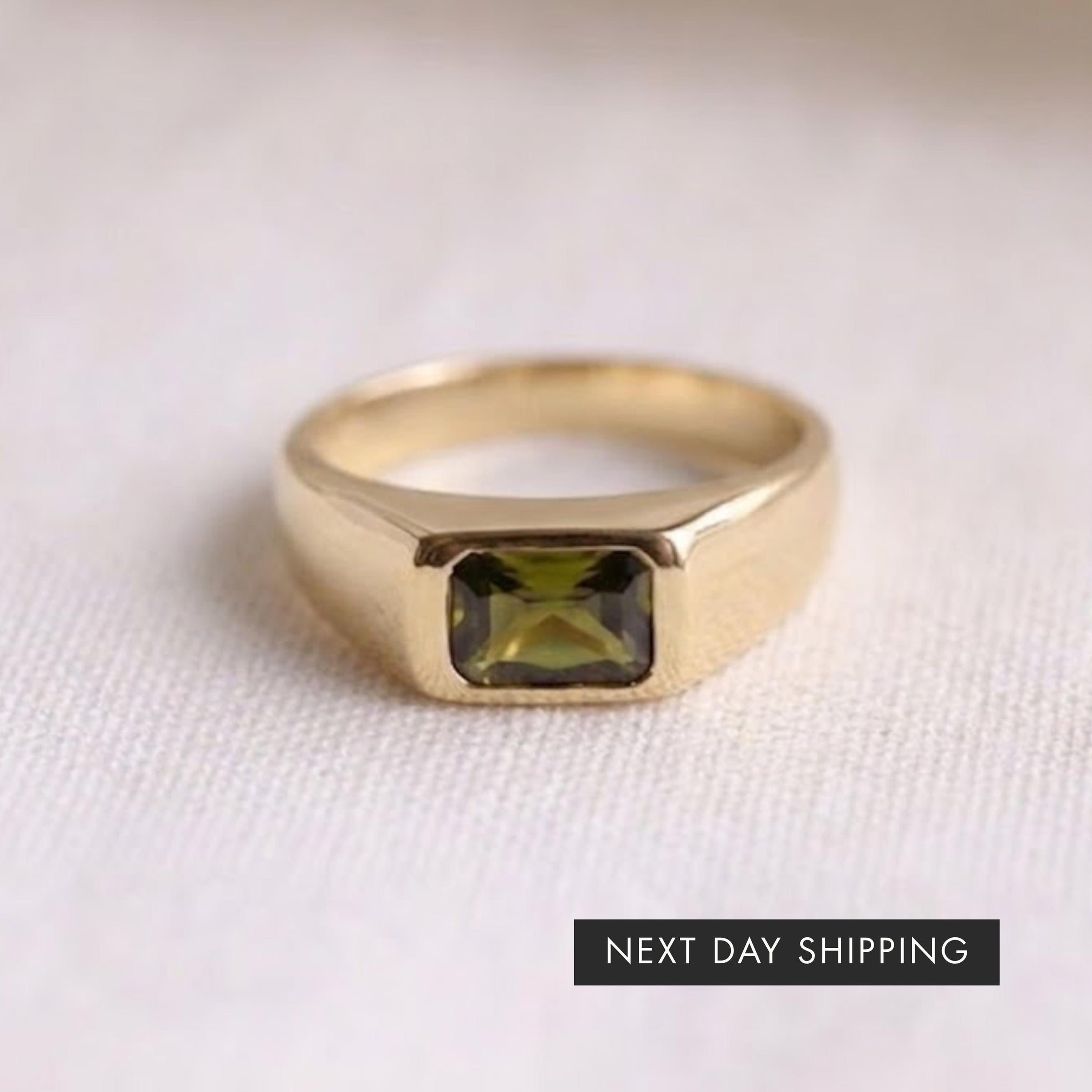 Men's Peridot Wedding Band, Moon Star Engraved
