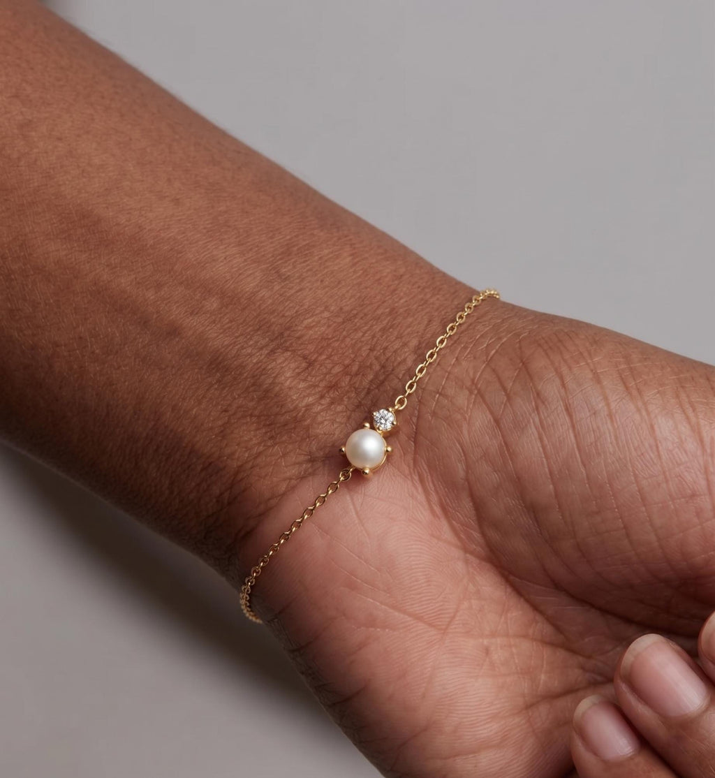 Freshwater Pearl with Diamond Bead Bracelet, Bridal Diamond Bracelets, Silver Women Bracelet, Bridesmaids Gifts, Wedding Gifts for Her