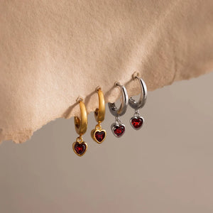 Gold Heart Garnet Hoop Earrings