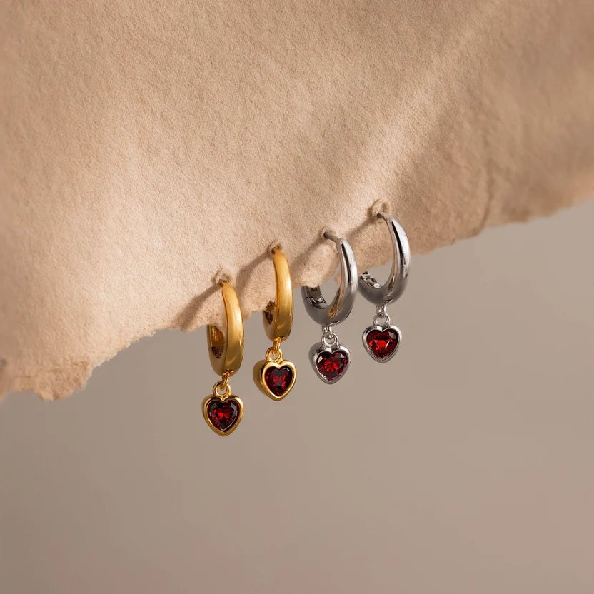 Gold Heart Garnet Hoop Earrings