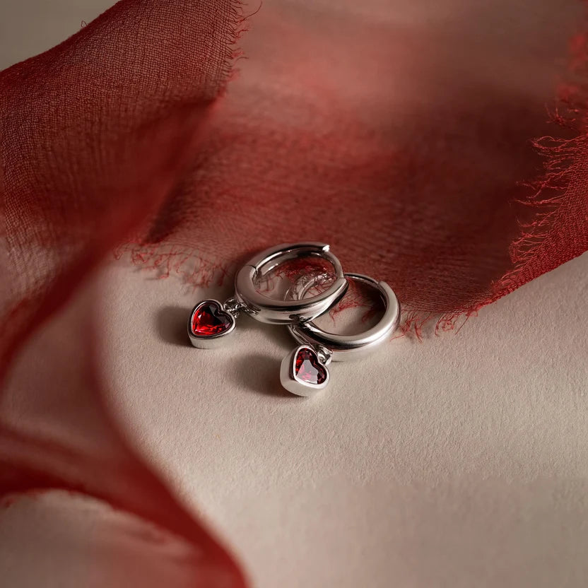 Gold Heart Garnet Hoop Earrings