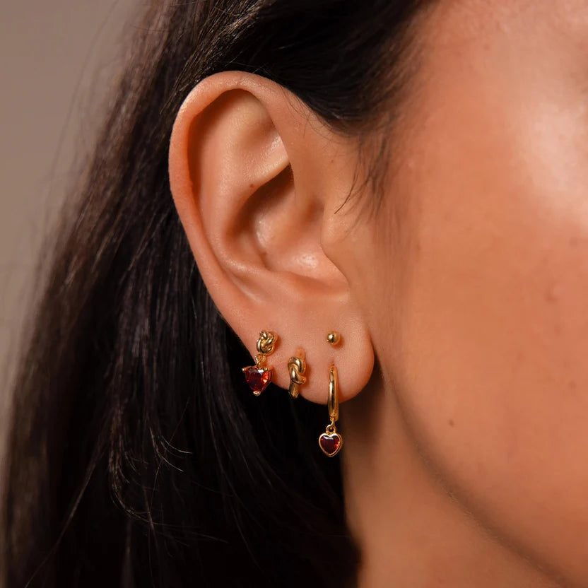 Gold Heart Garnet Hoop Earrings