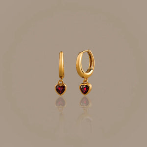 Gold Heart Garnet Hoop Earrings