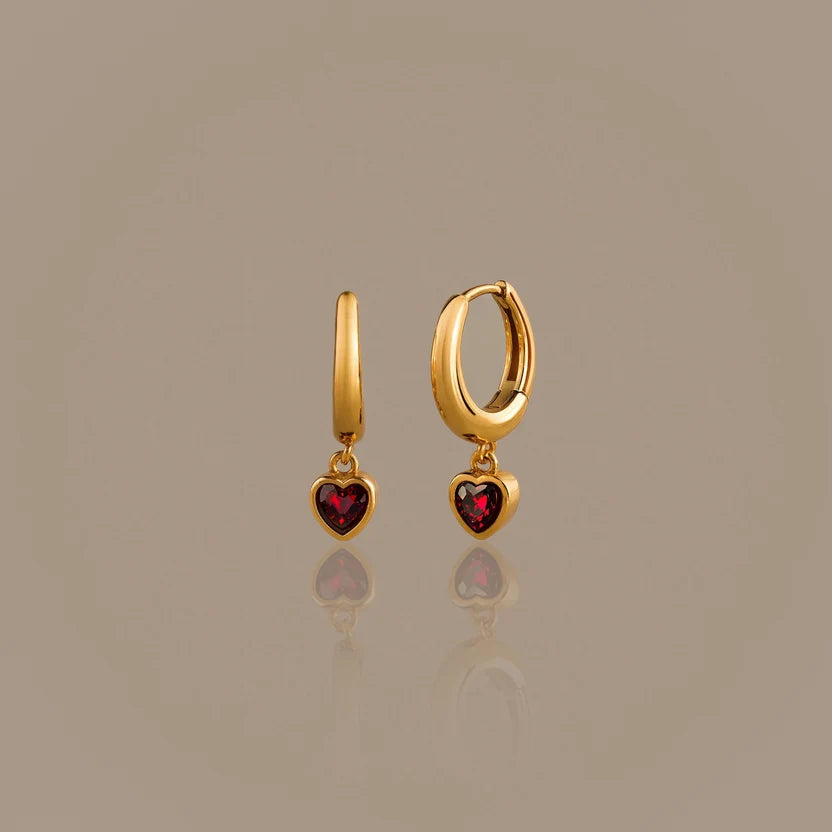 Gold Heart Garnet Hoop Earrings