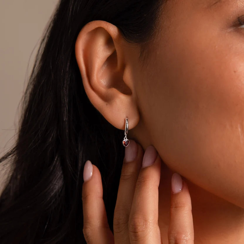 Gold Heart Garnet Hoop Earrings